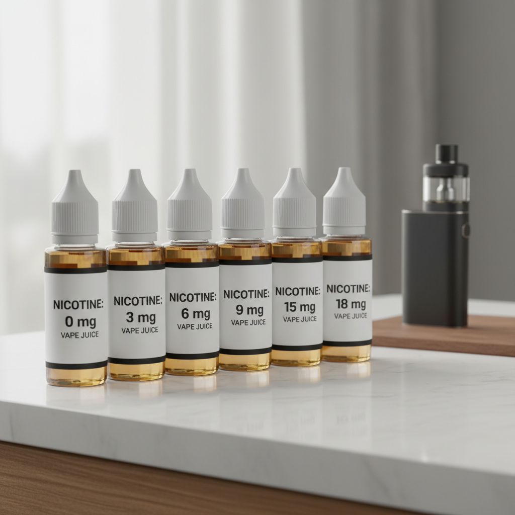 Bočice e-tekućina s različitim jačinama nikotina poredane u nizu, u pozadini pod e-cigareta