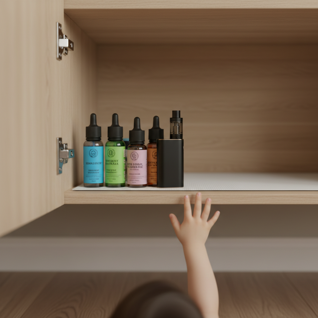 E-tekućine i vape uređaj posloženi na visokoj polici izvan dohvata dječje ruke