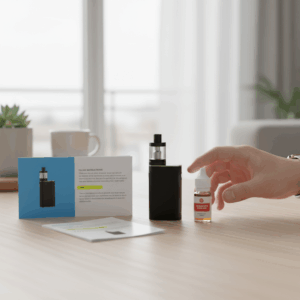 Pod e-cigareta, bočica e-tekućine i otvorene upute na stolu, početnički vape setup